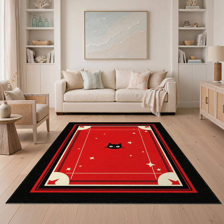 Red Black Cat Stars Kids Area Rug