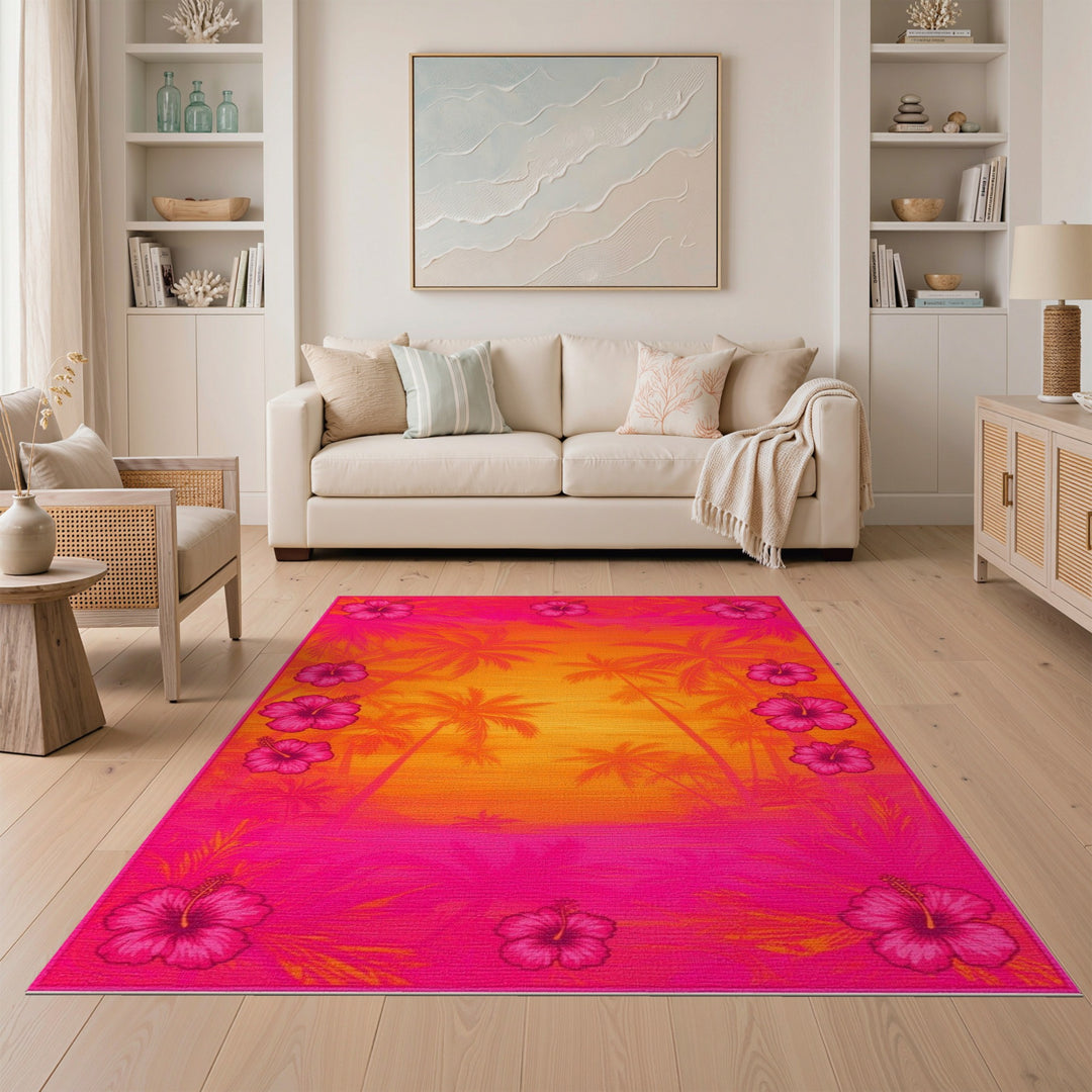 Pink Hibiscus Sunset Palm Area Rug