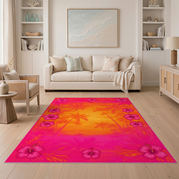 Pink Hibiscus Sunset Palm Area Rug