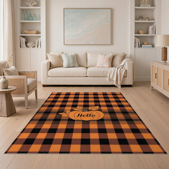 Hello Pumpkin Orange Plaid Area Rug