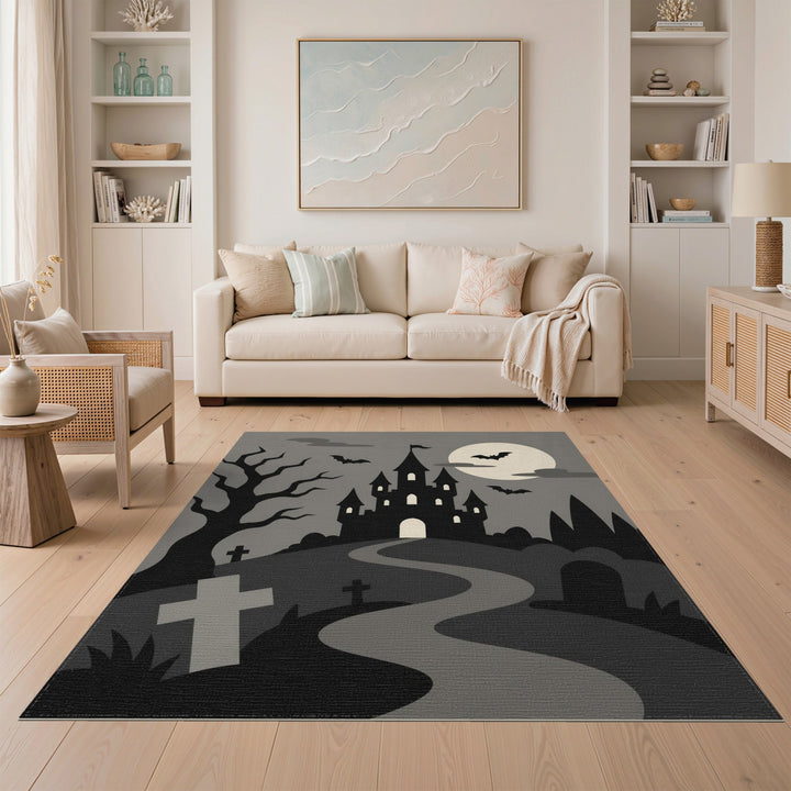 Black and White Spooky Haunted Castle Halloween Area Rug