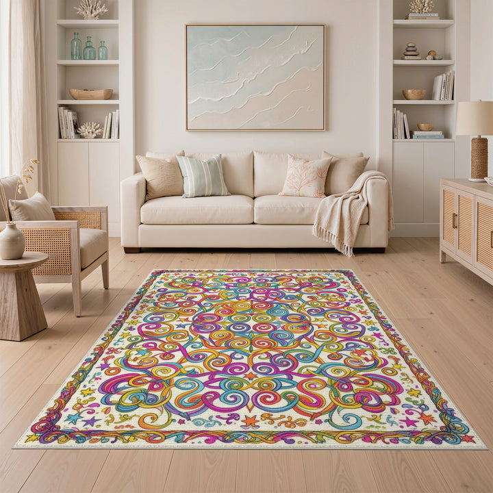 Vibrant Rainbow Swirl Stars Area Rug