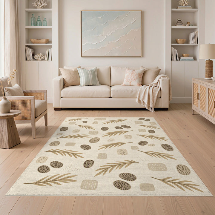 Beige Abstract Leaf and Dot Area Rug