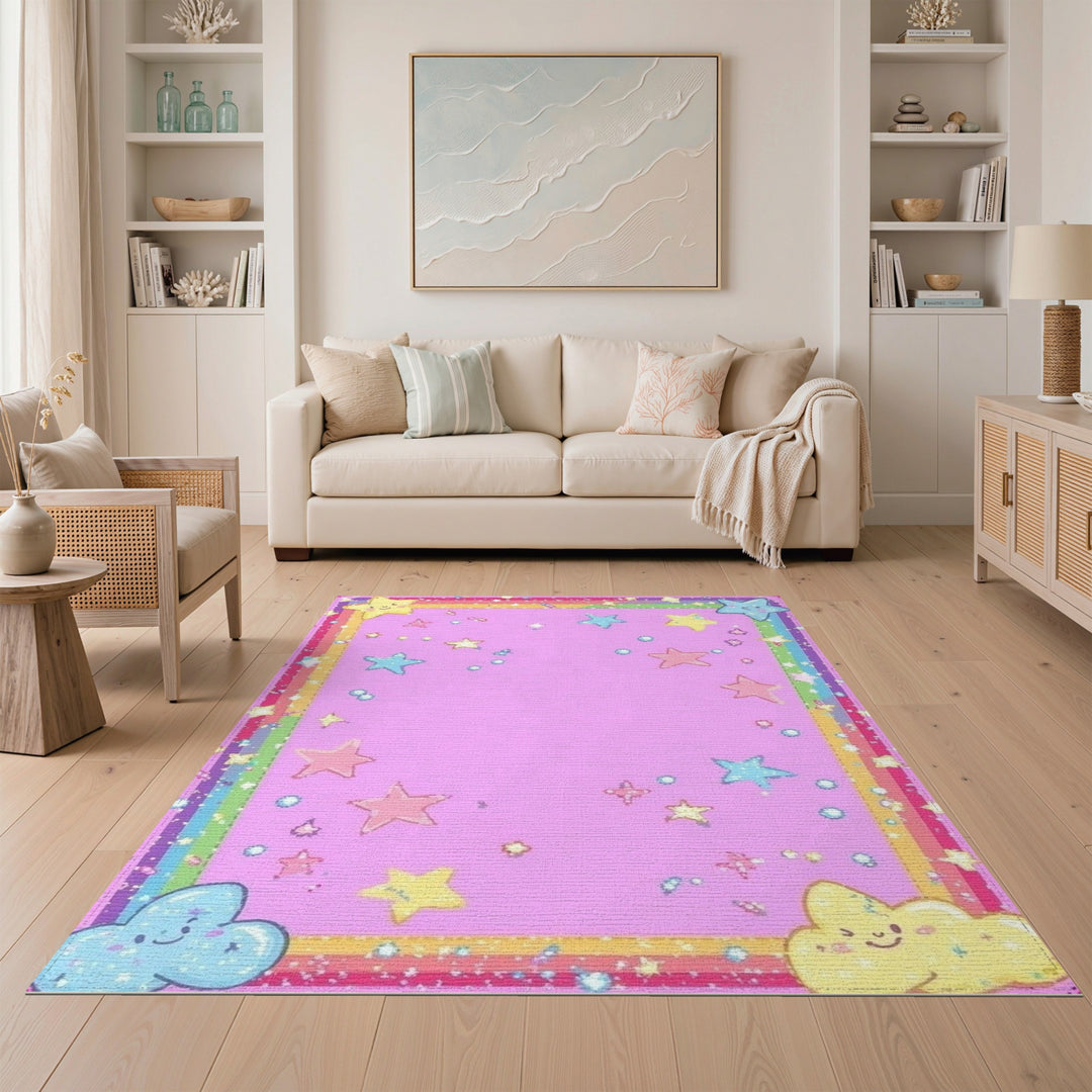 Pink Cartoon Stars Kids Area Rug