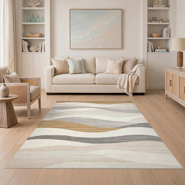 Wave Abstract Wave Beige Neutral Area Rug