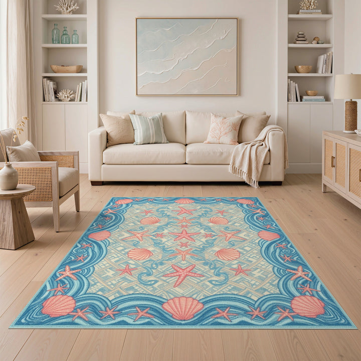Coastal Blue Starfish Seashell Washable Area Rug