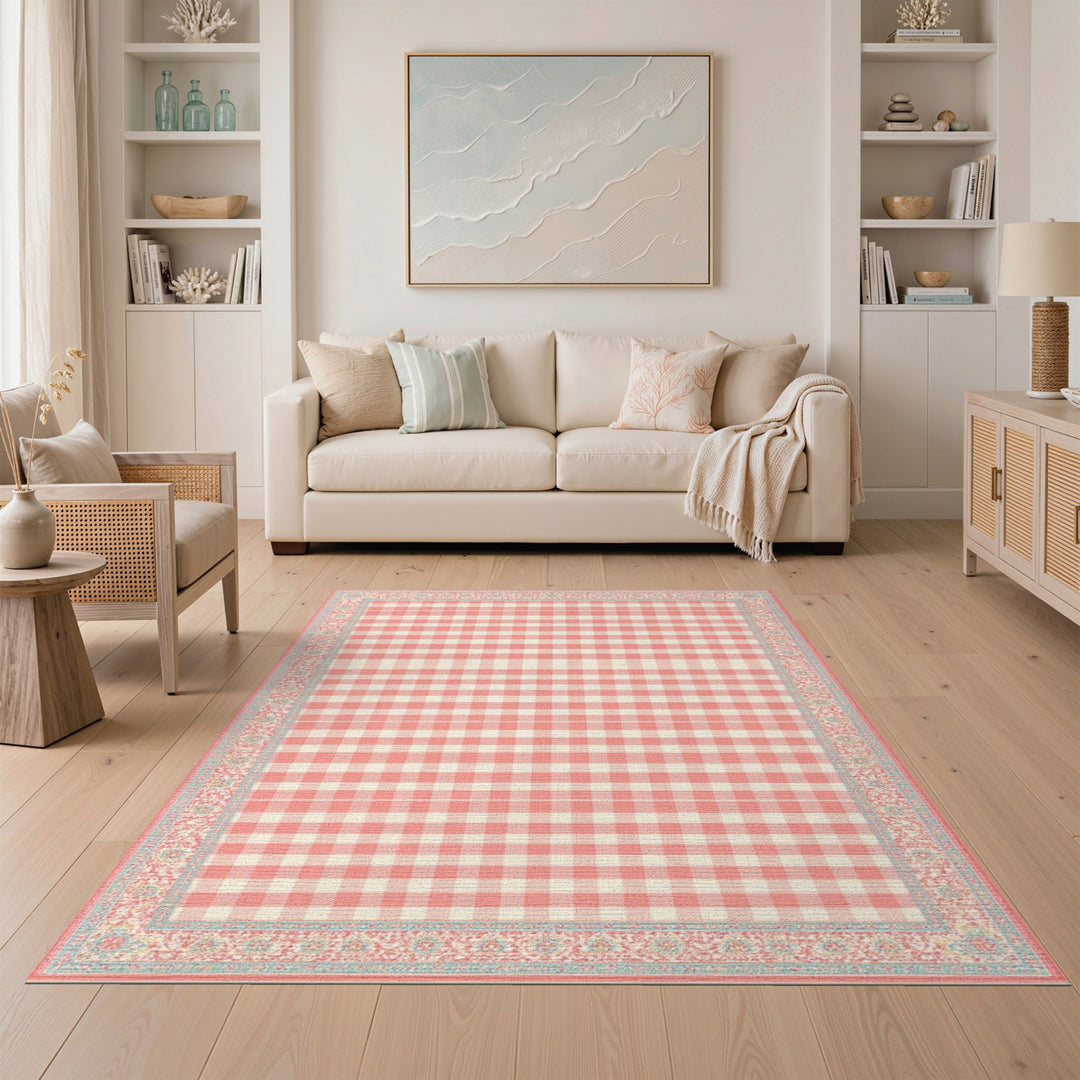 Pink Gingham Floral Border Area Rug