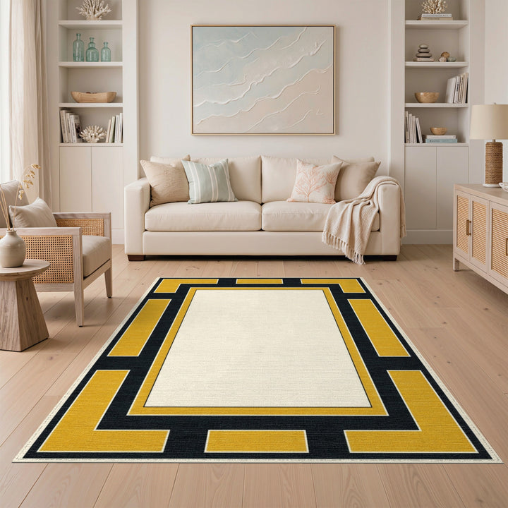 Gold Geometric Border Area Rug