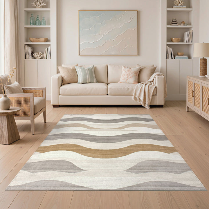 Beige and Neutral Layered Wave Beige Neutral Area Rug
