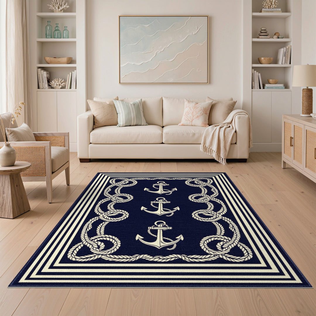Navy Blue Anchor Rope Area Rug