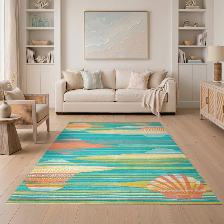 Coastal Teal Seashell Area Rug