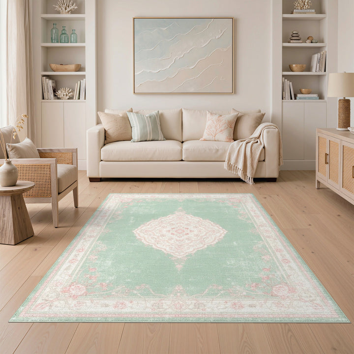 Floral Vintage Green Mint Green Pink Floral Vintage Area Rug