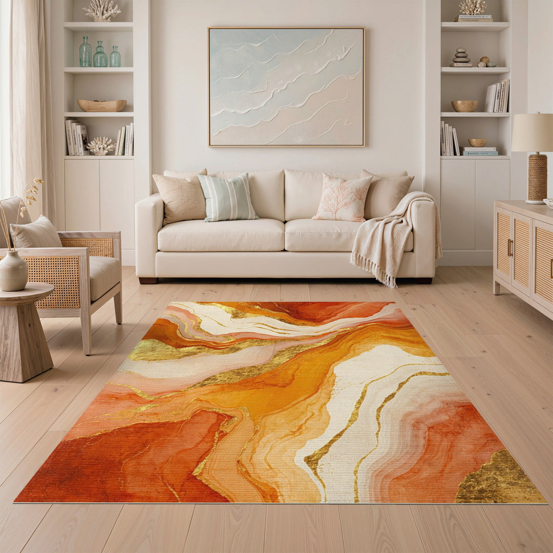 Orange Gold Abstract Marble Area Rug
