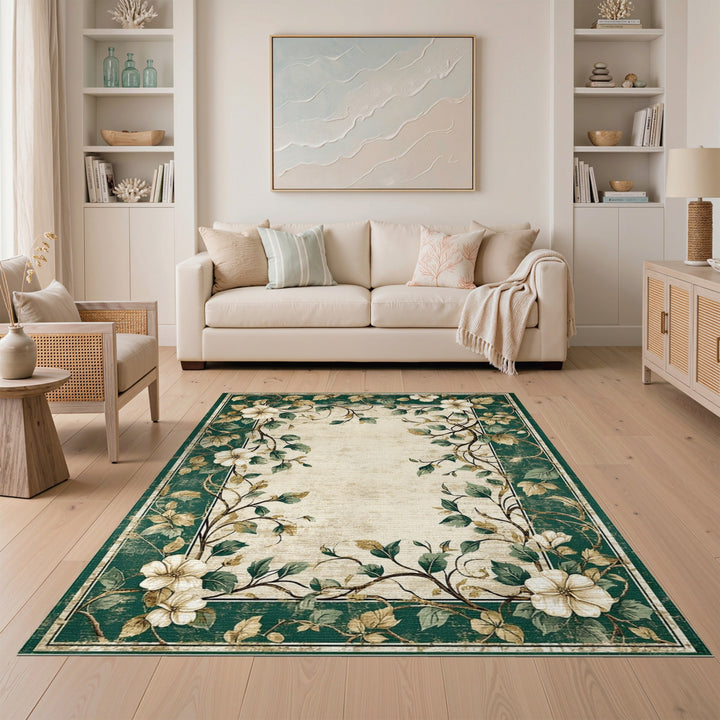 Green Floral Vintage Area Rug