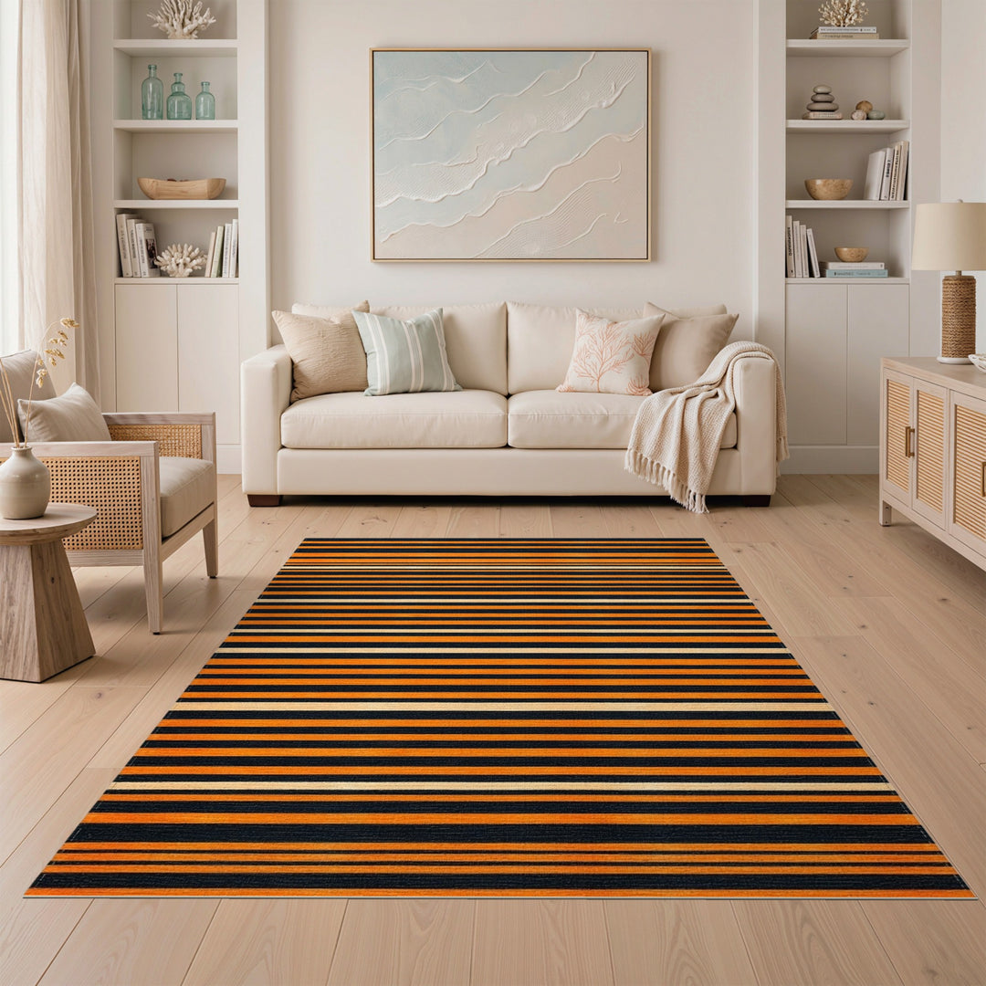 Orange and Black Striped Geometric Area Rug