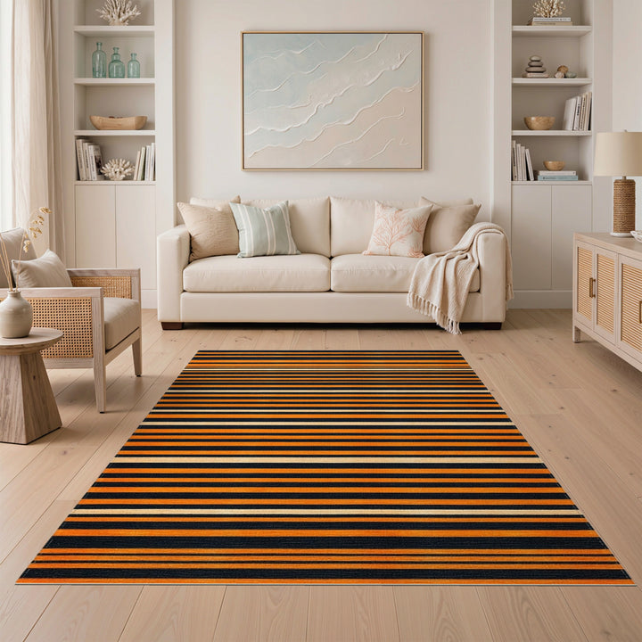 Orange and Black Striped Geometric Area Rug