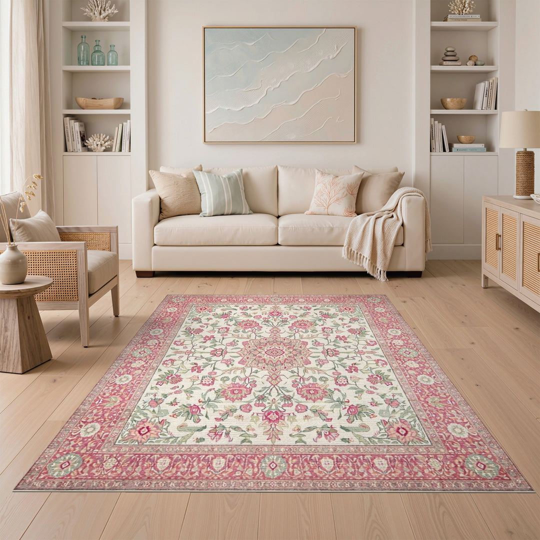 Pink Floral Medallion Vintage Area Rug