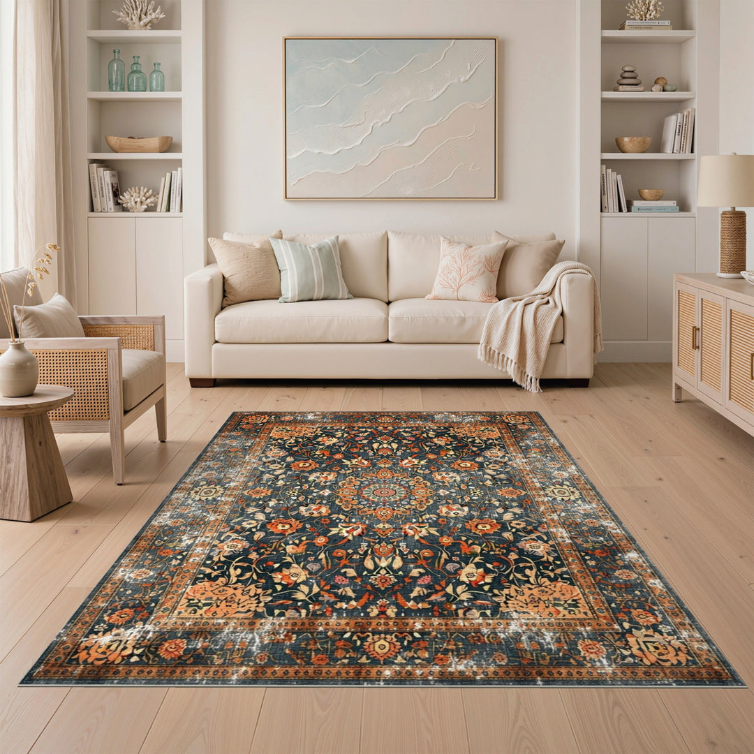 Blue Floral Distressed Vintage Rug