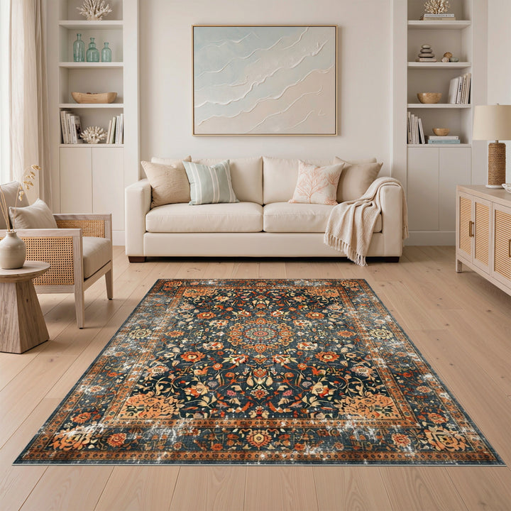 Blue Floral Distressed Vintage Rug