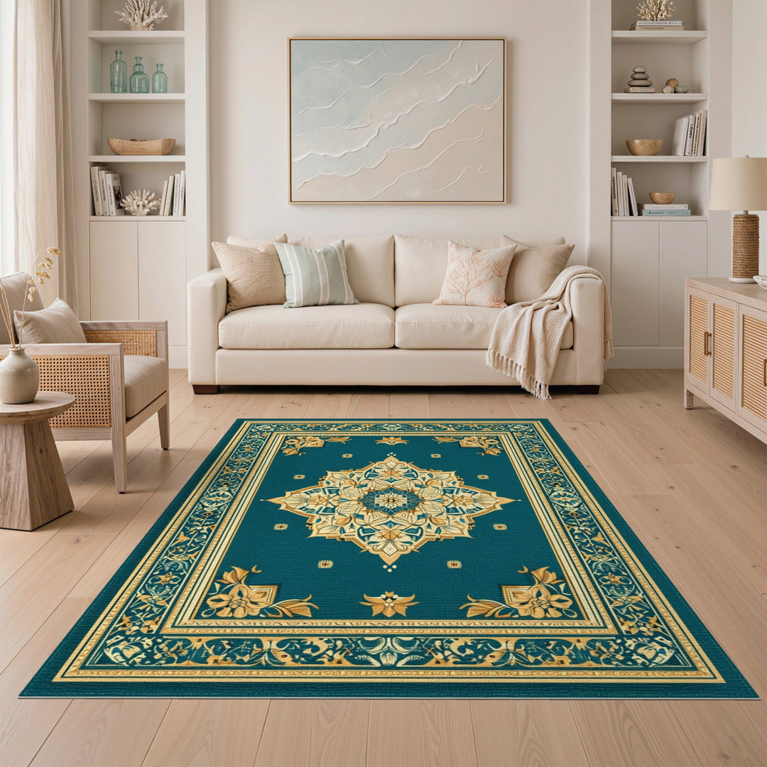 Blue and Teal Gold Floral Persian Area Rug