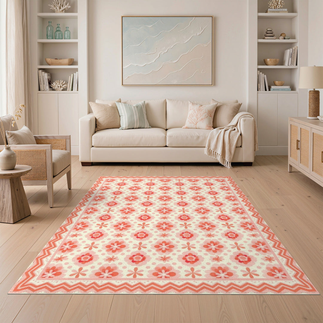 Pink Floral Vintage Zigzag Area Rug
