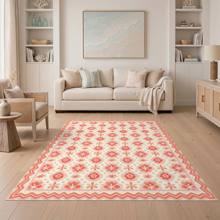 Pink Floral Vintage Zigzag Area Rug