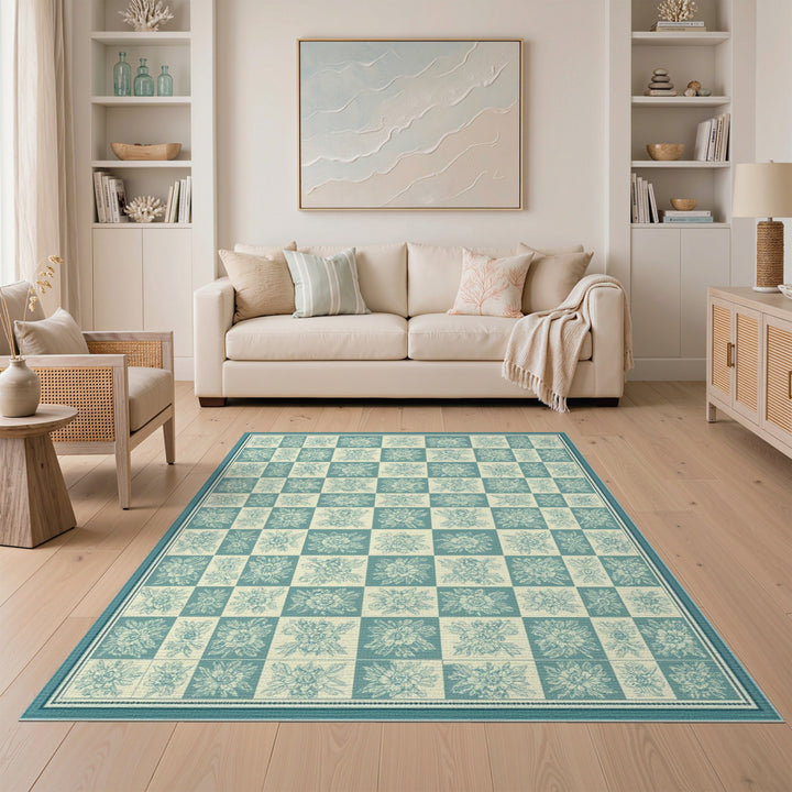 Teal Floral Checkerboard Vintage Area Rug