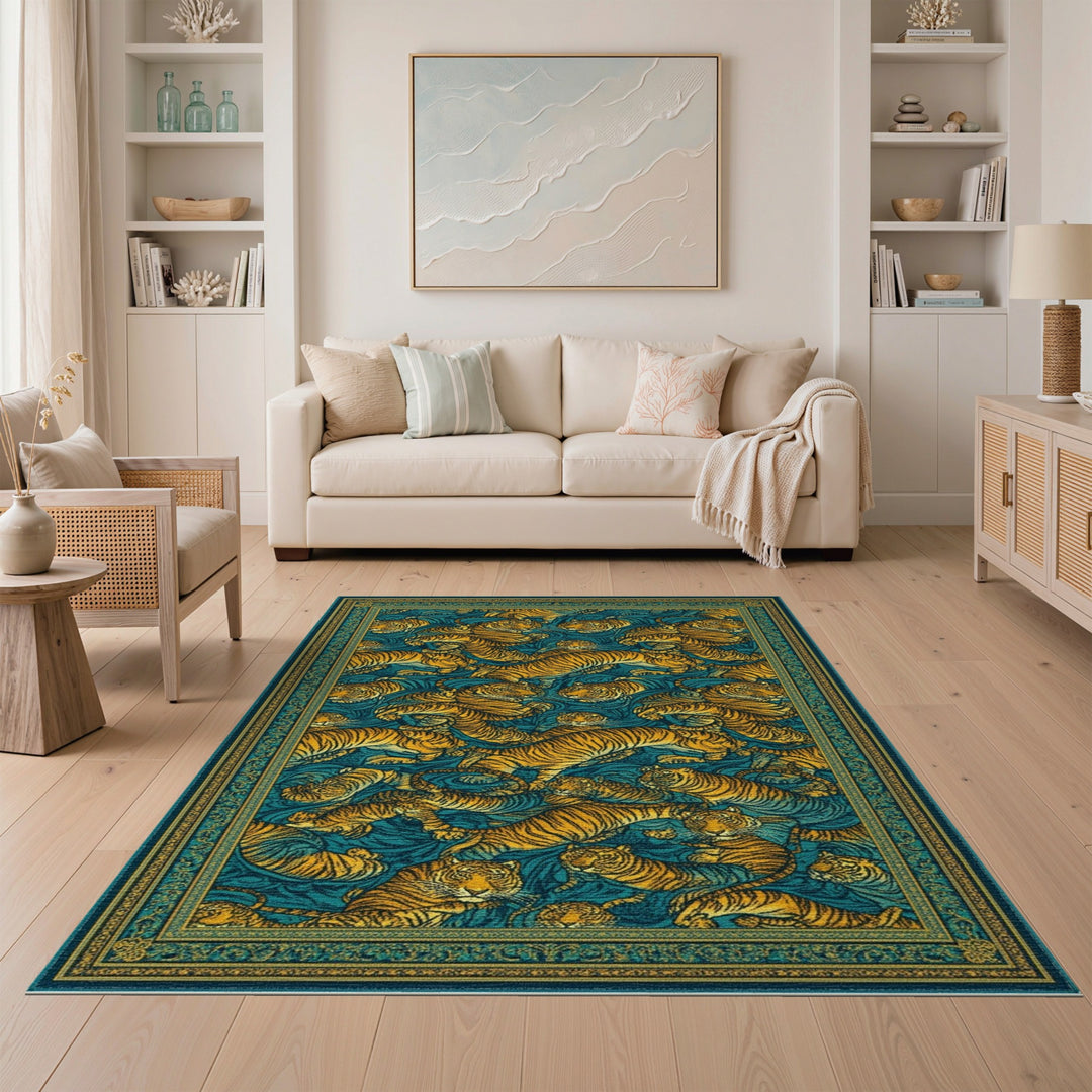 Blue Teal Tiger Wave Area Rug