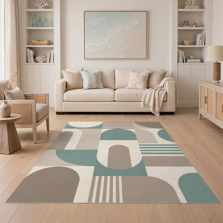 Geometric Beige Teal Area Rug