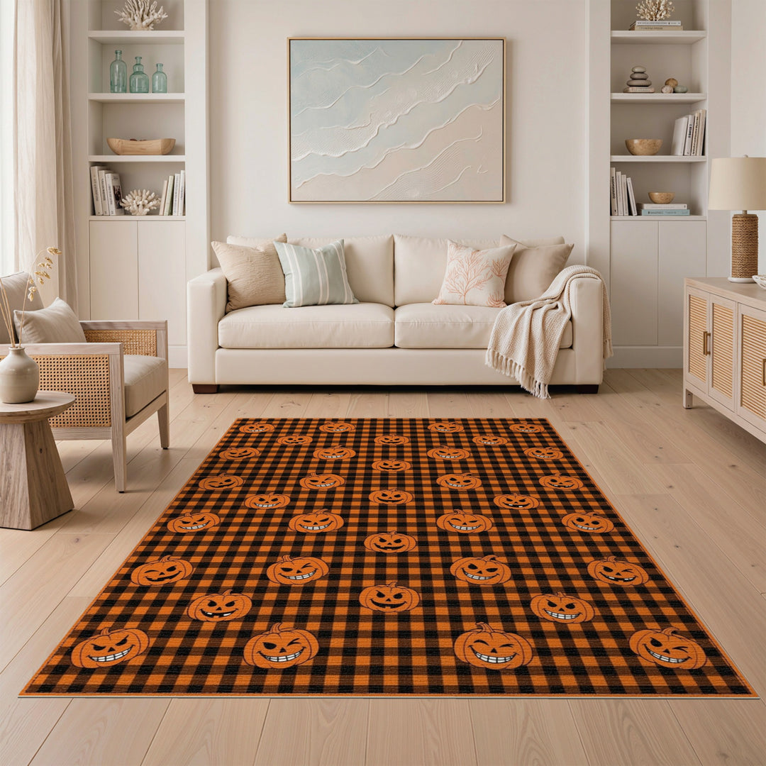 Kids Cartoon Orange Pumpkin Checkered Area Rug