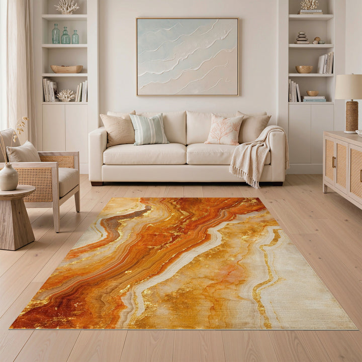 Abstract Area Orange Gold Marble Abstract Area Rug