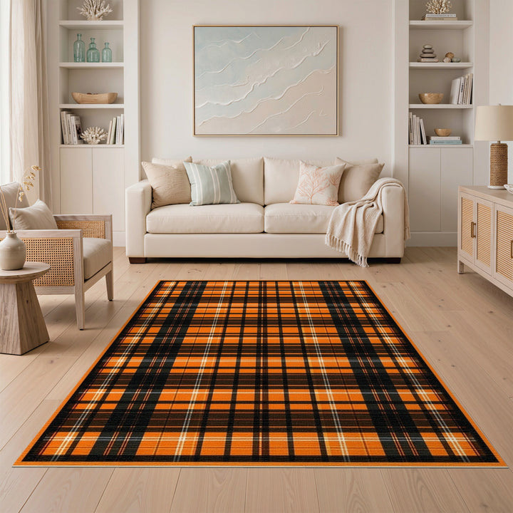 Geometric Modern Orange Black Plaid Washable Area Rug