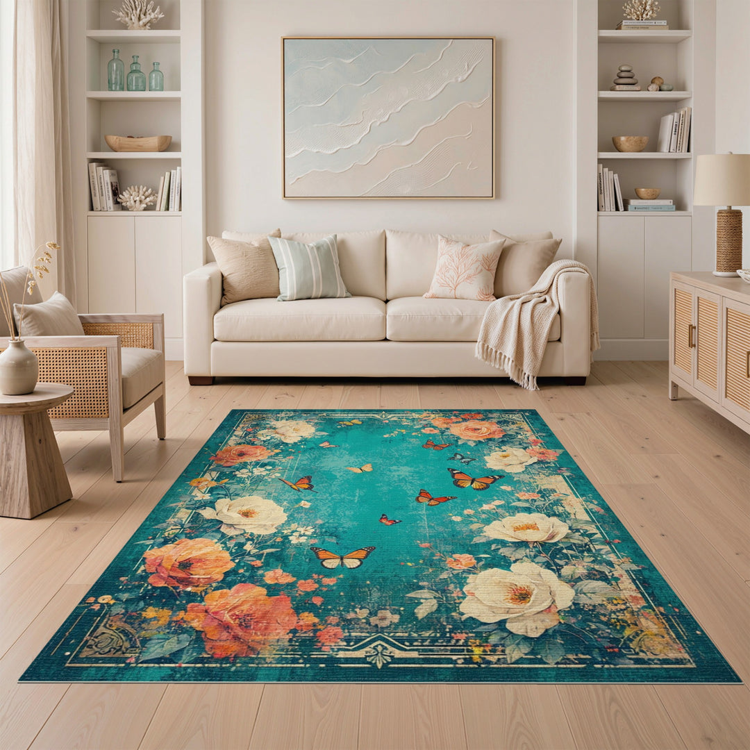 Distressed Teal Floral Vintage Area Rug with Butterflies