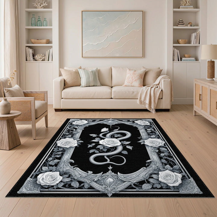 Black White Serpent Rose Ornate Area Rug