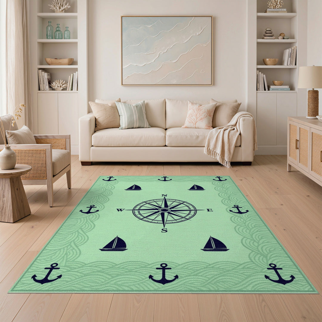 Coastal Nautical Compass Anchor Green Area Rug