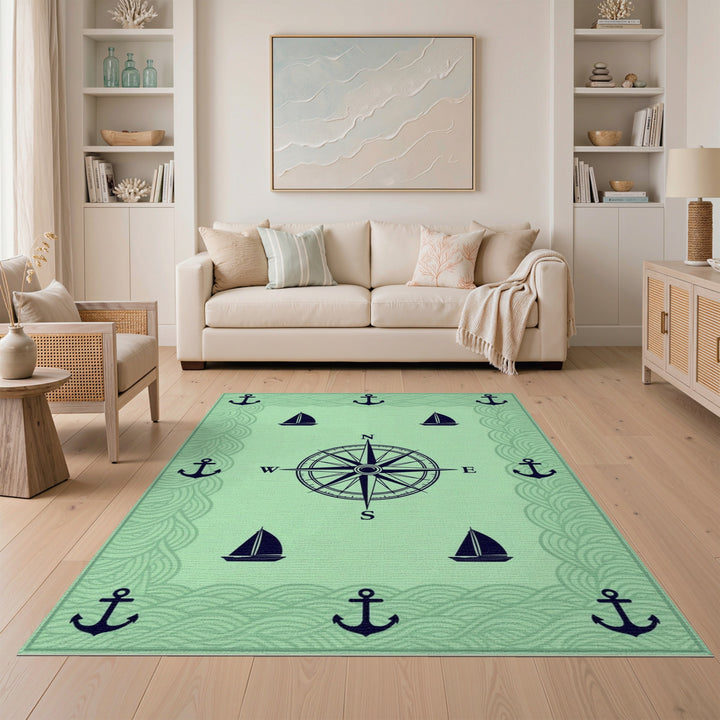 Coastal Nautical Compass Anchor Green Area Rug