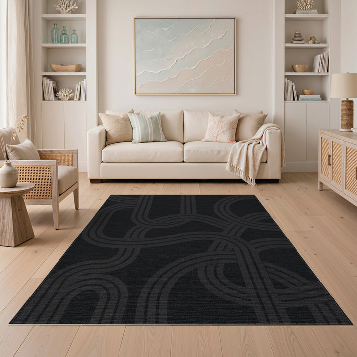 Black Interlocking Loops Geometric Area Rug