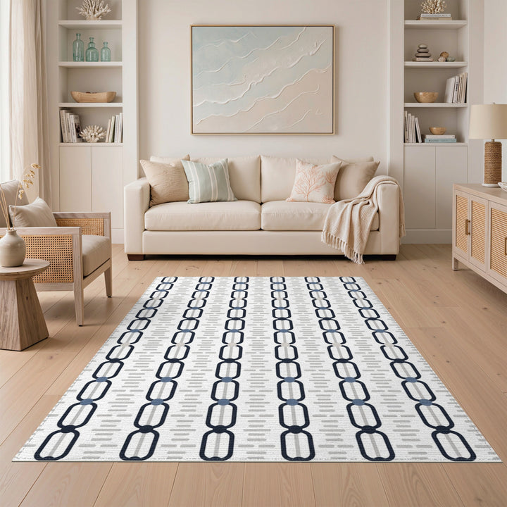 Navy Blue Chain Link Geometric Area Rug