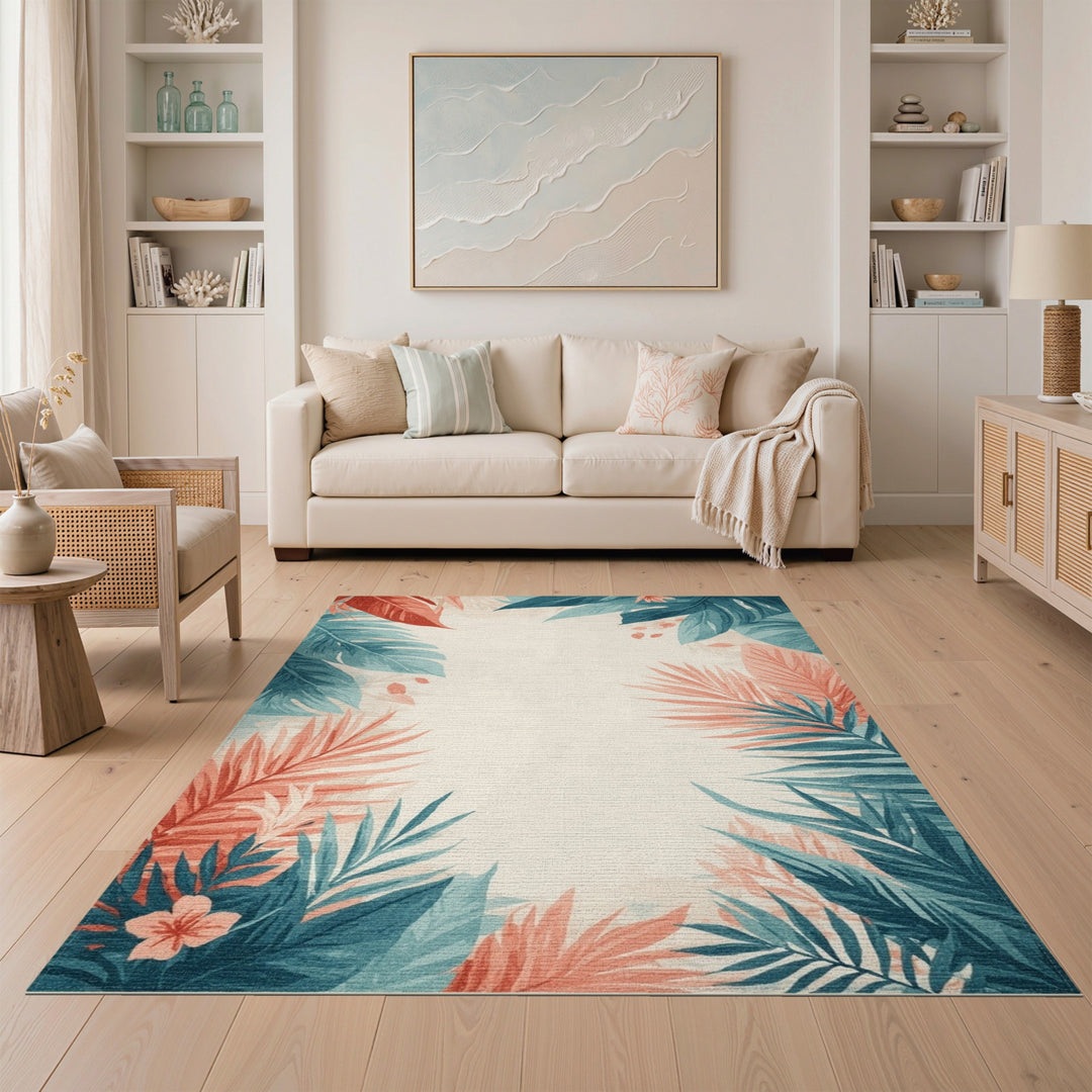 Blue Teal Coastal Leaf Area Rug