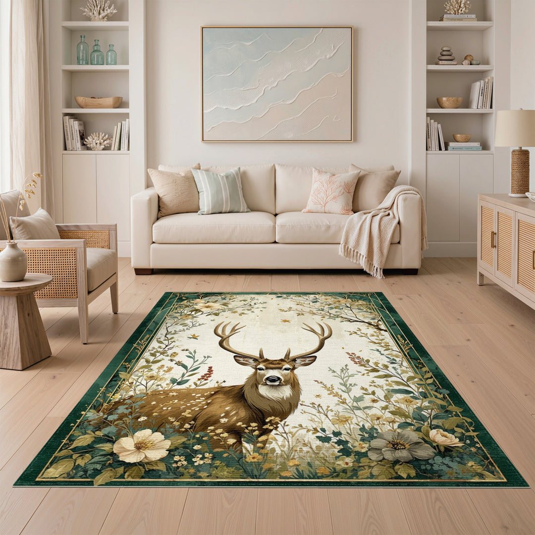 Vintage Buck Deer Floral Area Rug