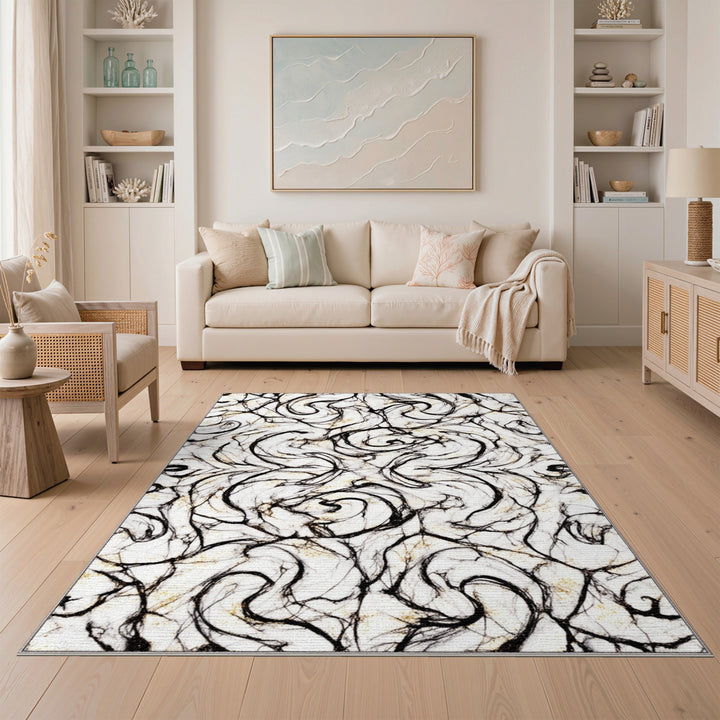 Black White Abstract Swirl Area Rug