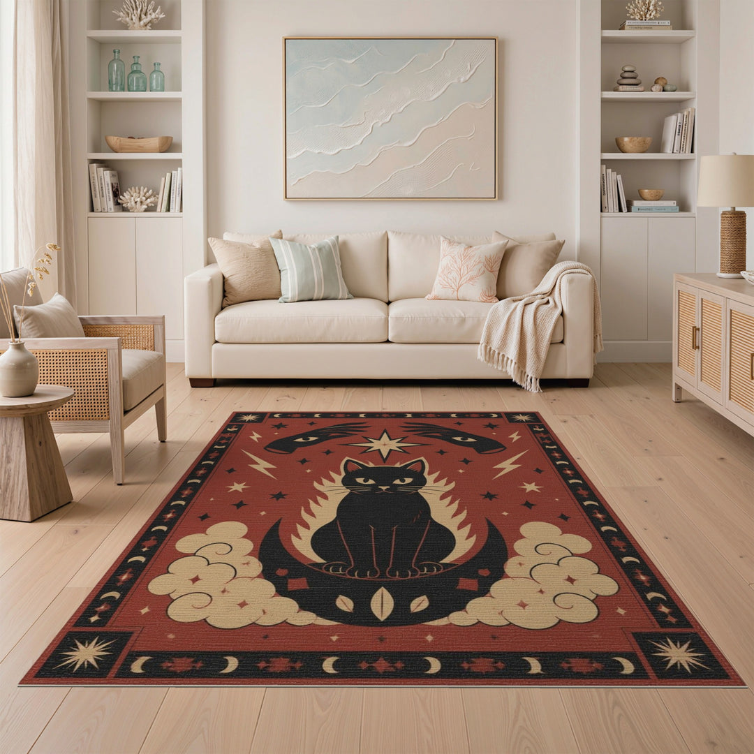 Red Mystical Black Cat Red Area Rug