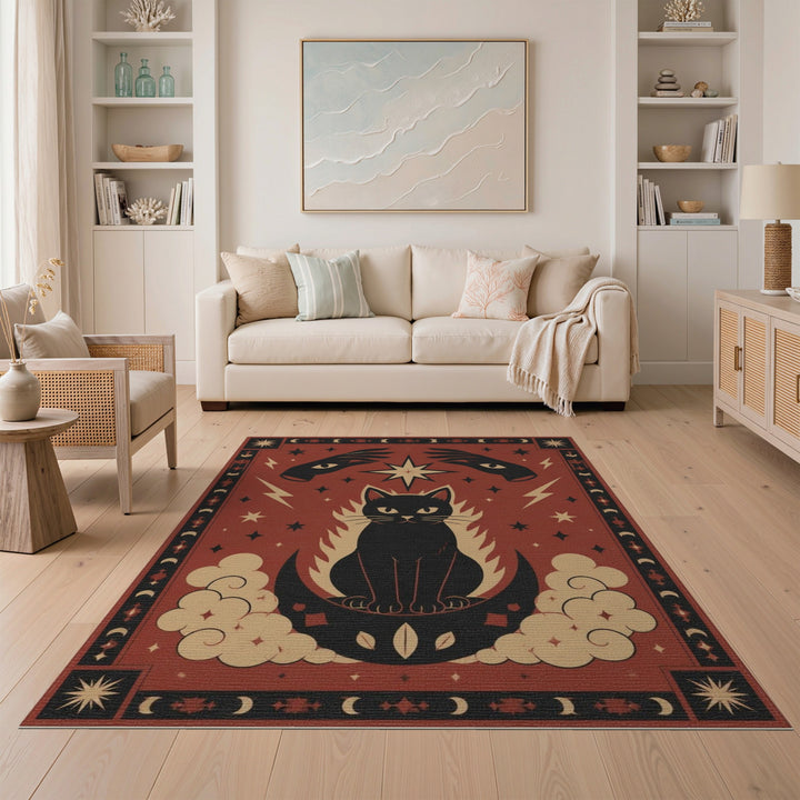 Red Mystical Black Cat Red Area Rug