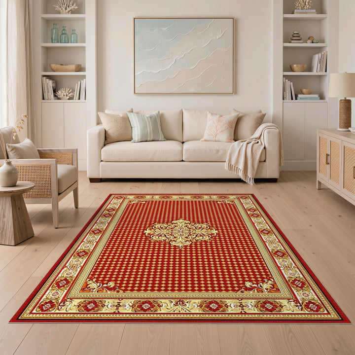 Red Traditional Persian Area Rug with Gold Medallion