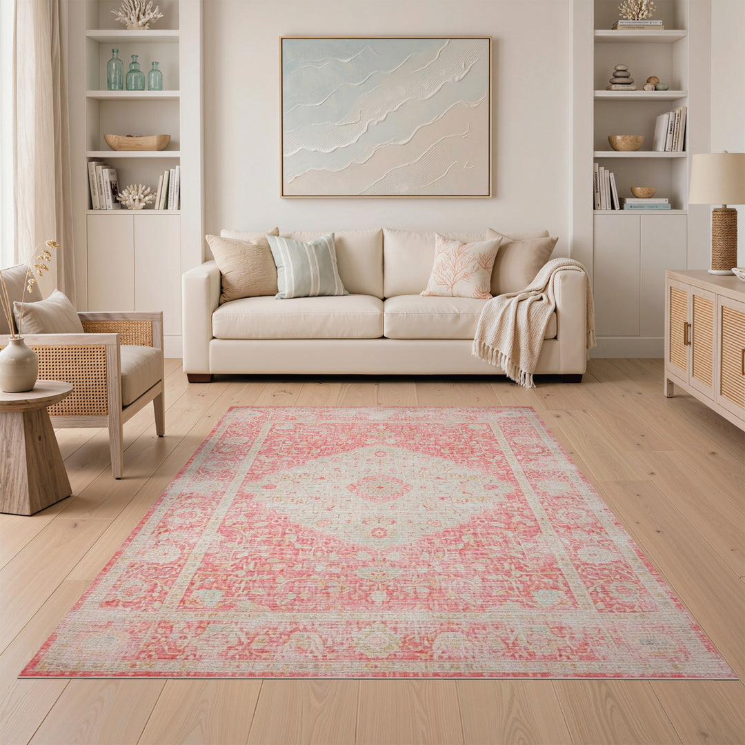 Pink Distressed Floral Medallion Area Rug