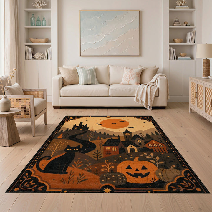 Multi-color and Patterns Black Cat Pumpkin Halloween Area Rug