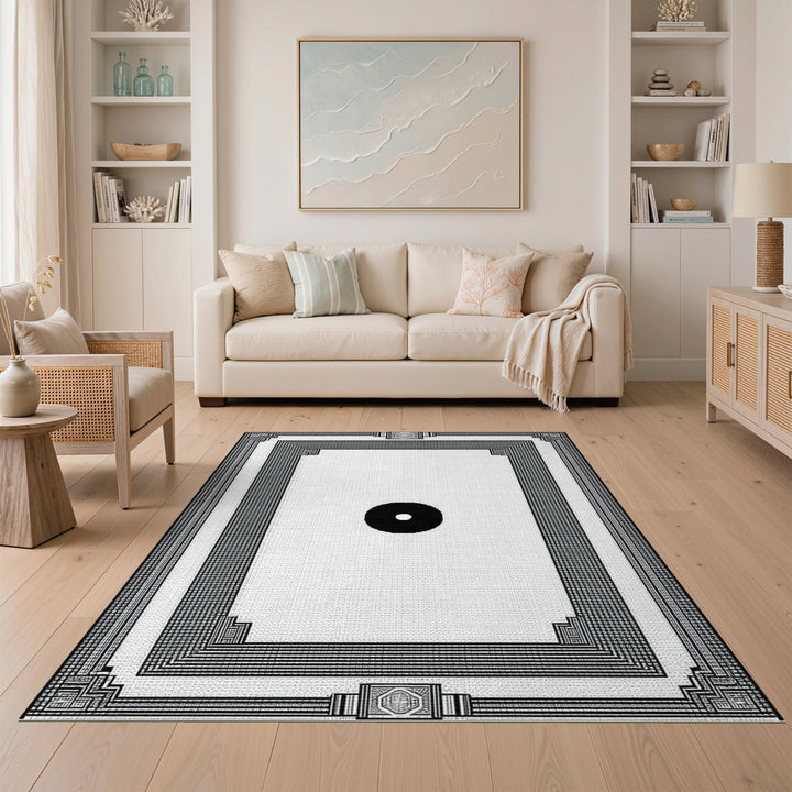 Black White Geometric Border Area Rug