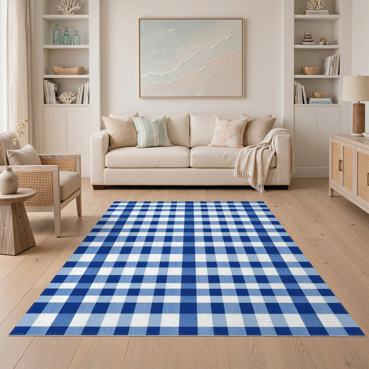 Rustic Farmhouse Blue Gingham Checkered Area Rug
