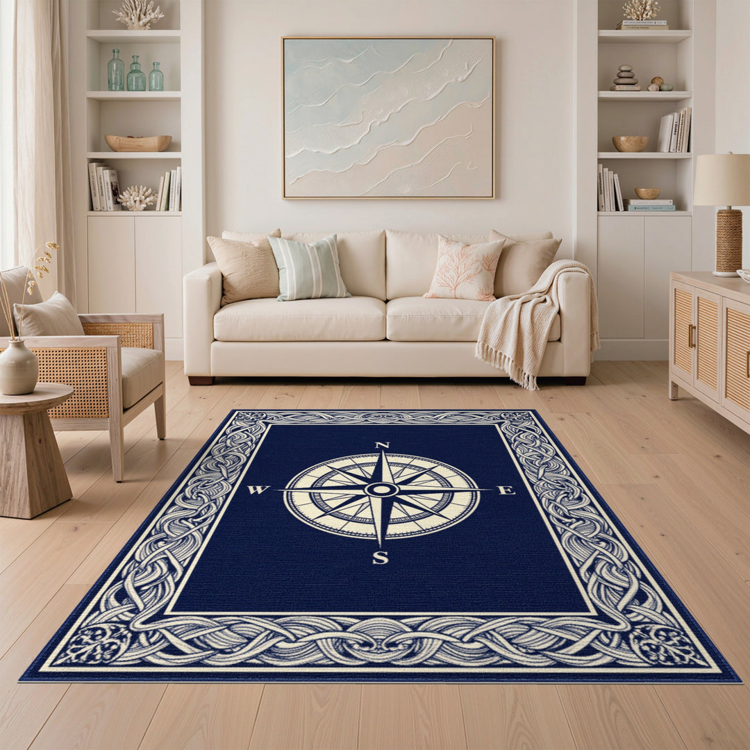 Navy Compass Rose Area Rug with Braided Border