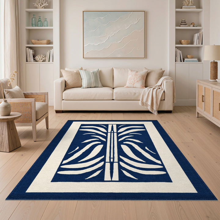 Navy Blue Geometric Leaf Area Rug
